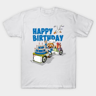 Happy birthday illustration. The cook who delivers the birthday cake. T-Shirt